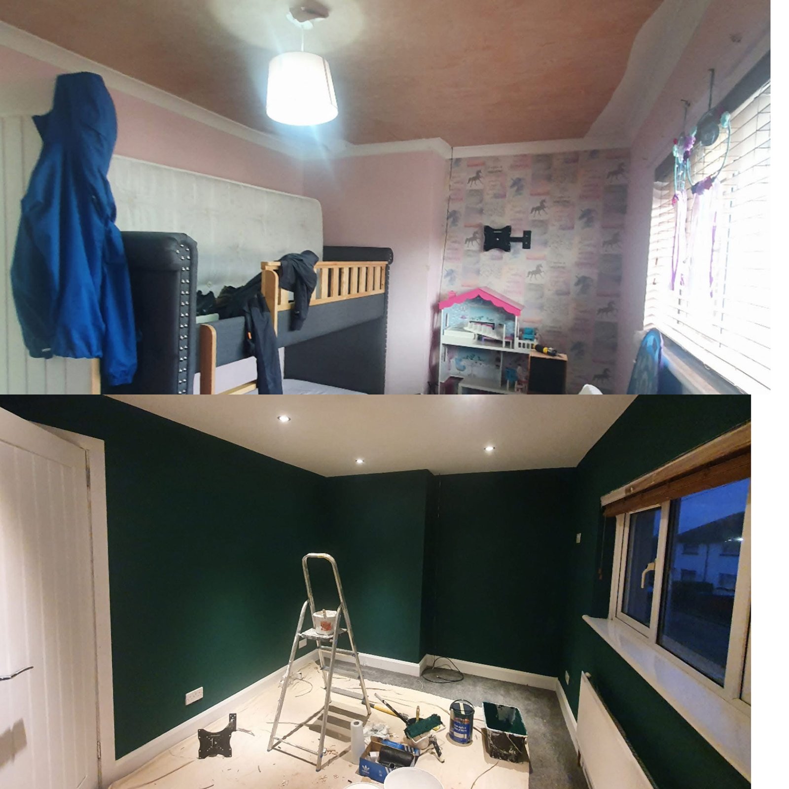 Bedroom before and redecorated room after